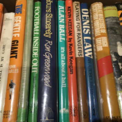 Old Football Book Collection: Very good condition all with cover protectors. Includes original autobiographies of Peter Doherty, Alan Ball Stanley Matthews and Duncan McKenzie. Some are Readers Union and Soccer Book Club reprints which include John Charles and Alan Gowling. Other titles are Playing For Rangers and Hearts Masters Of Scottish Football. (15)