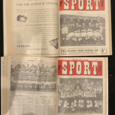1940s + 1950s Sport Magazine Complete Bound Volumes: Complete run with excellent condition magazines from June 1948 to December 1954. Ten volumes of the hard to obtain weekly magazine in which a colour team group featured on the cover. These magazines have, for football all teams line ups, scores, scorers and attendances. Must be around 320 magazines.