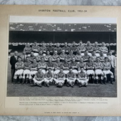Everton 53/54 Official Club Photo: 15 x 12 inch card with photo by Albert Marion attached. Official photo of 41 staff all named to border.