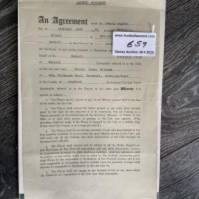 47/48 Walsall Football Players Contract: 8 pounds per week contract awarded to Dennis Wilshaw. Signed by player and manager Harry Hibbs.