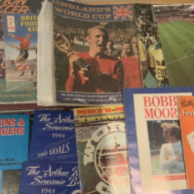 Football Memorabilia Box: 1961 Arthur Rowley Souvenir book x 2, Britains Football Stars Ace Album complete, football calendars, cards and more with instructions to sell.