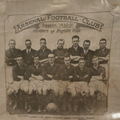 Arsenal 1930 FA Cup Winners Handkerchief. Handkerchief measures approximately 15 x 14 inches. Few marks but overall good.