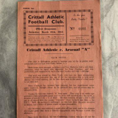 53/54 Crittall Athletic v Arsenal A Football Programme: Very good condition Eastern Counties League programme with one team change and score to team page. Dated 27 3 1954.