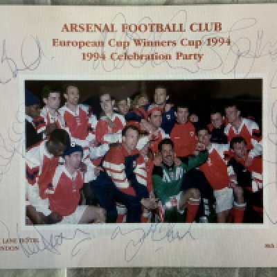 1994 Arsenal ECWC Final Signed Football Celebration Menu: Held 4 days after defeating Malmo in Denmark and held at The Park Lane Hotel London. Signed throughout by 17 including Seaman Bould Merson and winning goalscorer Smith.