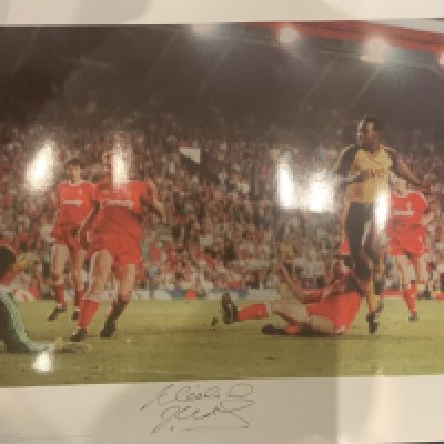 Arsenal Big Blue Tube Signed Football Prints: All measuring nearly 23 x 17 inches in excellent condition produced by the famous company with genuine autographs on prints of which the run was limited to 500. Includes Adams Viera Wright Henry Pires and a superb picture of Michael Thomas scoring the famous goal Liverpool. Additionally a print signed by Merson not produced by Big Blue Tube. (7)