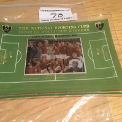 England 1966 World Cup Winners Glass Tray: Possibly a large ash tray with date 11 4 1967 and venue Cafe Royal. National Sporting Club awards dinner. Football pitch with a picture of the England team to middle and World Cup Willie in both goals. Lists all members of the squad in gold. Nice item.