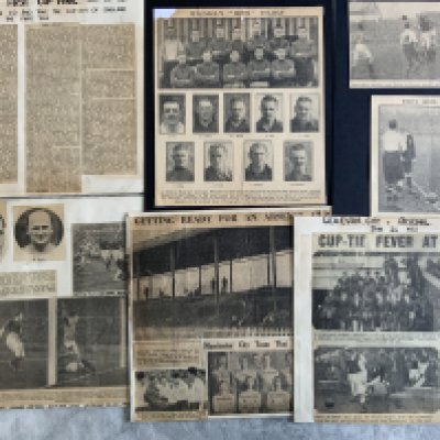 Pre War Arsenal Football Scrapbook: Pages removed from scrapbook with original newspaper reports of famous matches including 1927 + 1936 FA Cup Final, 1933 defeat to Walsall, 1935 Leicester FA Cup and more. 17 pages mostly relating to Arsenal with some pages having more to rear.