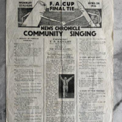 1936 FA Cup Final Football Song Sheet: Arsenal v Sheffield United News Chronicle large single sheet Community Singing in good condition. Folding and creasing.
