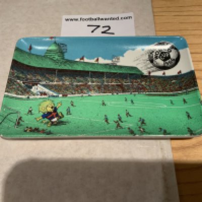 1966 World Cup Willie Football Ash Tray: Small plastic ash tray or soap dish measuring 5 x 3 inches. Depicts World Cup Willie at Wembley Stadium during a match with an England World Cup 1966 on ball that WC Willie has just kicked. Rear states a Cotswold Product.