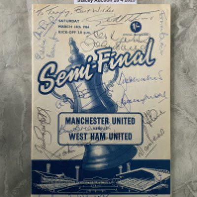 West Ham 1964 FA Cup Semi Final Fully Signed Football Programme: Stunning item with every player that played in the famous battle in the mud having signed the cover. Only Hurst has dedicated to Terry. Additionally Dear Kirkup Peters and Sealey have also signed.