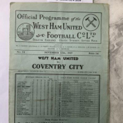 37/38 West Ham v Coventry City Football Programme: Division Two match in good condition with no team changes. Tiny tear to border.