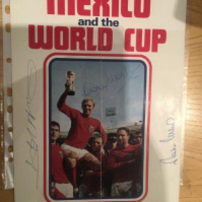 1966 England World Cup + West Ham Stars Signed Brochure: 1970 World Cup travel brochure by Shaws featuring Bobby Moore being held aloft with the World Cup in 1966. Hand signed to cover by Moore Hurst and Peters. Fold.