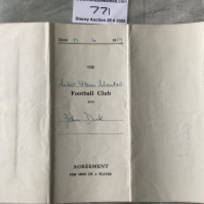 Johnny Dick West Ham 57/58 Football Contract: Original contract from the second division championship season earning a massive 17 pounds during the season per week. Hand signed by John Dick and Eddie Chapman.