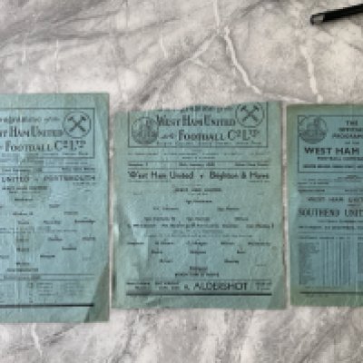 West Ham 1940s Football Programmes: Home matches v 47/48 Southend Reserves and 45/46 Portsmouth League South both fair. C/W badly damaged 44/45 Brighton. (3)