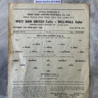57/58 West Ham v Millwall SJFC Football Programme: Single sheet colts match dated 17 2 1958. Fair condition with a couple of tears and score/scorers noted.