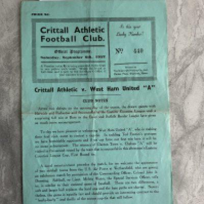 52/53 Crittall Athletic v West Ham A Football Programme: Very good condition Eastern Counties League Cup programme with team changes and score to team page. Dated 6 9 1952.