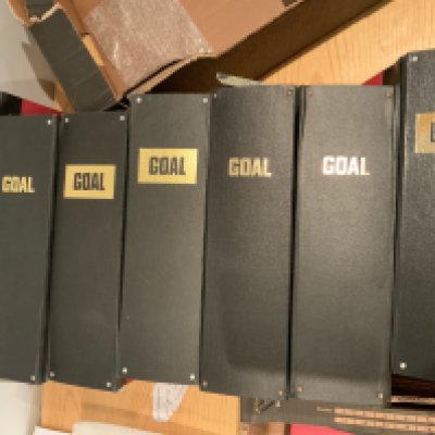 Goal Complete Bound Volume Of Football Magazines: From its first issue of August 1968 until March 74. Kept in 11 original Goal binders with around 6 months of the weekly magazine in each. Unchecked but possibly complete from 1-286 with the final few of the set of 294 missing.