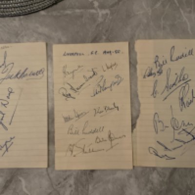 49/50 Liverpool FA Cup Final Team Football Autographs: Exercise book pages signed by 19 of the squad including Cup finalists Jimmy Payne Albert Stubbins Bill Jones Laurie Hughes Eddie Spicer and Billy Liddell with slight duplication.