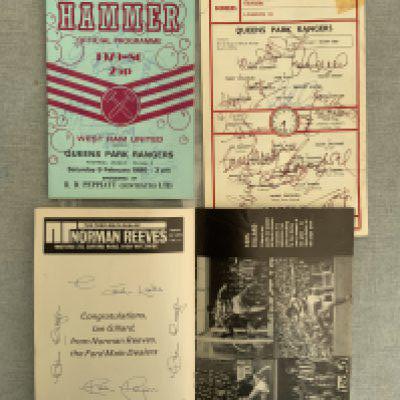 Signed Football Programmes: Les Allen testimonial programme signed to rear team page by many players including Bobby Moore and Dave Mackay who were playing for the London X1. C/W an Ian Gillard testimonial signed by many Tottenham players and others and a 1980 signed West Ham programme. (3)