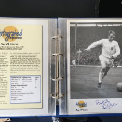 Autographed Editions Signed Football Photo: 1966 England legends include Peters Hunt Banks Hurst Wilson Stiles and Cohen. Other names include MacDonald Shilton Bonetti Hunter Lofthouse and Tommy Smith. From the iconic and reputable maker Autographed Editions in official binder. (12)