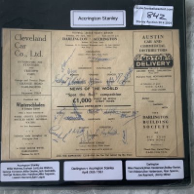 Accrington Stanley Football Autograph Collection: Private collection from the 40s 50s and 60s. Programme from 60/61 away to Darlington fully signed by Accrington team plus 8 Darlington. From 60/61 also there is a team picture signed by 11, 50s team group signed by 19 a page from 49/50 signed by 17 plus 44/45 signed by 12, 48/49 x 11 and lots of individual magazine pictures etc. (130+ autographs)