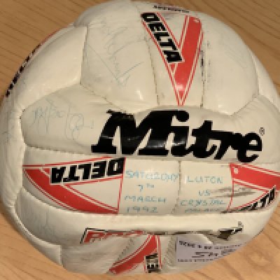 91/92 Luton v Crystal Palace Signed Football: Match ball given to sponsor signed by both teams. Includes autographs of Southgate Campbell Coppell Richards and many more.