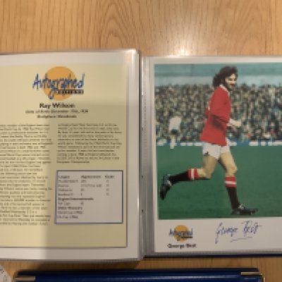 Autographed Editions Signed Football Photo Collection: Genuinely nice card photos with players details to rear in two blue official folders. Hand signed by George Best Gordon Banks, Ray Wilson, Nobby Stiles, Norman Hunter, Rodney Marsh, Derek Dougan, George Cohen and Ian St John. (50)