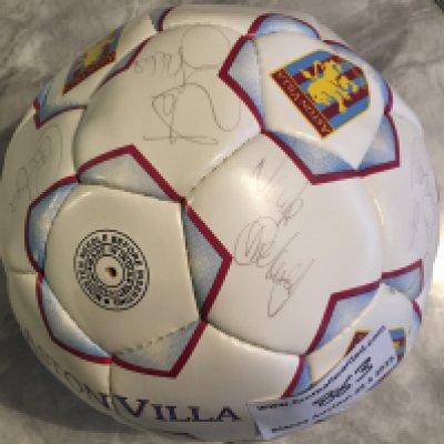 Aston Villa Multi Signed Football: Official panelled ball with Aston Villa club badge all over it. Squad signed including Southgate Merson Barry Delaney and Ehiogu. Originally from Paul Merson and believed to be collected for the FA Cup Final.