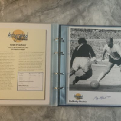 Autographed Editions Signed Football Photo Collection: Contained in 2 original official Autographed Editions folders. Includes George Best Bobby Charlton Geoff Hurst Kenny Sansom Phil Beal Joe Royle Larry Lloyd Archie Gemmill Frank McLintock Tommy Smith Nat Lofthouse Mike Channon Martin Chivers Derek Dougan John Greig Norman Hunter and many more. (81)
