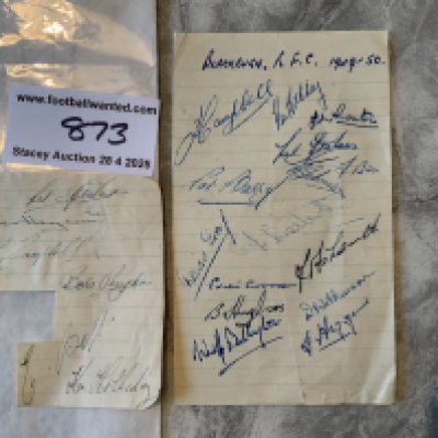 49/50 Blackburn Rovers Football Autographs: Exercise book pages signed by 15 of the squad. Includes Campbell Lawton Williamson and Hughes. C/W 6 from a similar era on separate page.