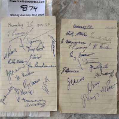 49/50 Burnley Football Autographs: Exercise book pages signed by 15 of the squad. Includes Potts Cummings Hays Morris and Woodruff. C/W a second page possibly from 48/49 with 14 similar autographs.