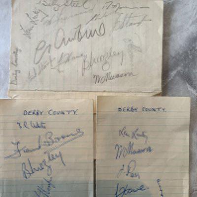 49/50 Derby County Football Autographs: Three exercise book pages one signed by 12 of the squad in pencil to include Billy Steel and Leon Leuty. A further two pages signed in pen by 10 from a similar era.