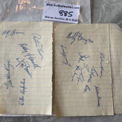 49/50 Hearts Football Autographs: Two exercise book pages signed by 13 of the squad. Includes Alfie Conn Flavell Brown Dixon Mackenzie and MacFarlane