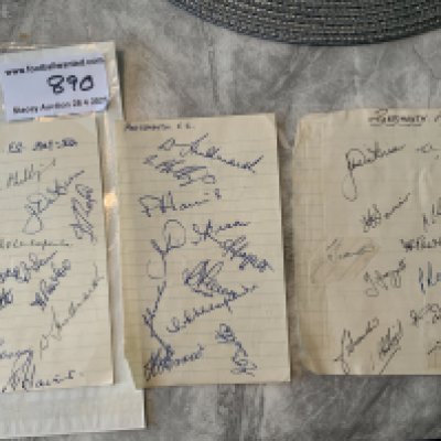 Late 1940s Portsmouth Champions Football Autographs: Three exercise book pages from three different late 40s seasons including 48/49 and 49/50 when they were 1st Division champions. Two signed by 13 of the squad and a further one by 10. Includes Dickinson Harris Froggatt Flewin Hindmarch Phillips Ferrier Barlow and Butler. (36)