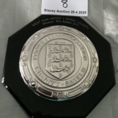 1975 West Ham Charity Shield Football Players Plaque: Lovely plaque awarded to both teams for participating in the Charity Shield match. Inner silver coloured has the words Football Association Charity Shield around the 3 lions emblem. Plastic surround is embossed West Ham United v Derby County Wembley 9th August 1975. Awarded to Alan Taylor who has provided a COA.