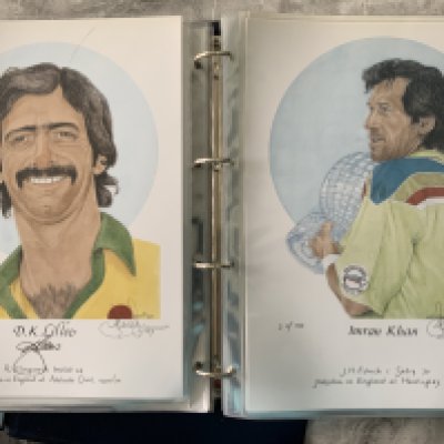 Rare Signed Set Of Ltd Edition Cricket Legends Prints: Limited edition of 100 with every print being number 3. Hand signed ones include Bradman Graveney D Compton Cowdrey Edrich Boycott Turner Abbas Amiss Gooch Bedser Statham McKenzie Gibbs Chandrasekhar Lillee Kapil Dev Hadlee Walsh Hughes McDermott Akram Ambrose Younis Underwood and Snow. These A4 colourful cards were produced by Wisden Artist Denise Dean and we believe this is the full set of 46. Additionally there are 12 Wisden Cricketer of the Year cards signed by 9 of the 12. Expensive set with very low starting price. (58)