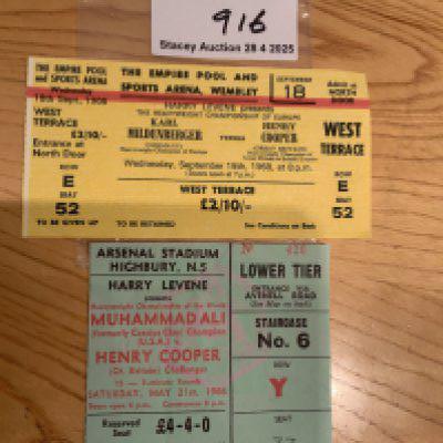 1966 Henry Cooper v Muhammad Ali Boxing Ticket: Fought at Highbury Arsenal on 21 5 1966. C/W Coopers ticket for fight v Mildenberger. Excellent. (2)