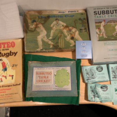 Subbuteo Cricket + Rugby Games: Table Rugby could be complete, Table Cricket Club Edition, Table Cricket 1964 plus 3 boxes of fielders. C/W Gilliette Cup Cricket by Ariel. Some boxes damaged and contents not inspected.