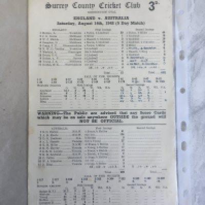 Don Bradmans Australia Last Cricket Match Scorecard: Famous match in which Bradman needed to score 1 run to finish his International career with over 100 as an average. He was bowled for a duck which left his statistics at 99.94. Match v England at The Oval. Piece of history.