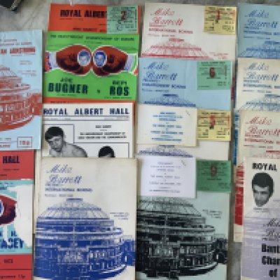 1970s Boxing Programmes + Tickets: 14 programmes with 9 tickets stapled to cover. Includes John H Stracey and quite a few of Joe Bugner. Excellent except for one programme.