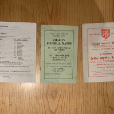Manchester United Charity Football Programmes: 1969 Ex City + United v East Levenshulme, 1965 Prestwich Heys and 1973 Mossley X1 Burke testimonial. Fair. (3)