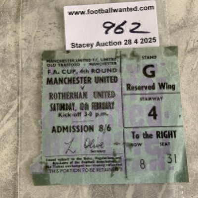 65/66 Manchester United v Rotherham FA Cup Football Ticket: Played on 12 2 1966 in below average condition.