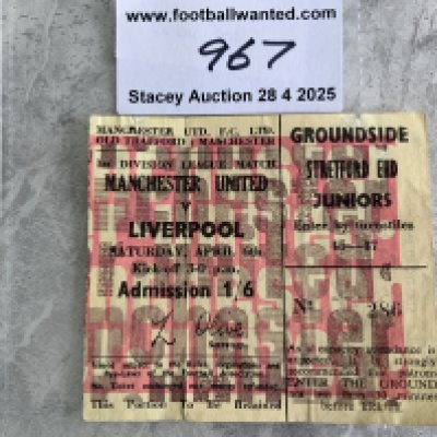 67/68 Manchester United v Liverpool Football Ticket: League match dated 6 4 1968 in good condition. Tiny scuffs to rear indicate possibly previously stuck down.