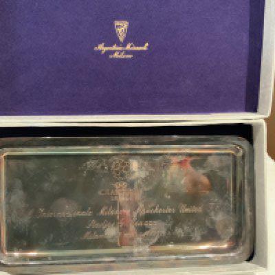 1999 Manchester United Champions League Silver Tray: Inter Milan v Manchester United small tray with silver hallmark. Boxed 8 inch tray is tarnished and is dated 17 3 1999 and has the fixture engraved. Manchester United went on to win the Champions League. Gifted to Manchester United player.