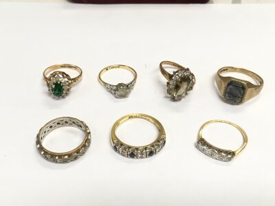 Seven gold rings set with stones, approx total weight 22.6g.
