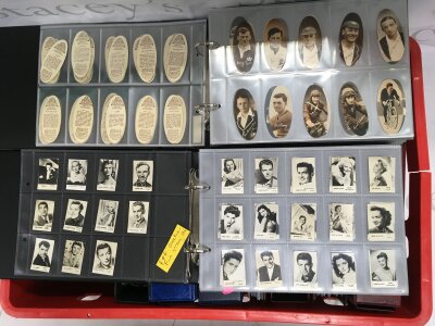 A box of cigarette cards and trade cards including examples by Carreras, Wills, Turf and others.