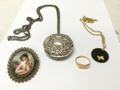 A silver hallmarked rattle, a 9ct gold ring (3.4g) , a 9ct gold necklace with stone pendant, a hand painted cherub porcelain brooch
