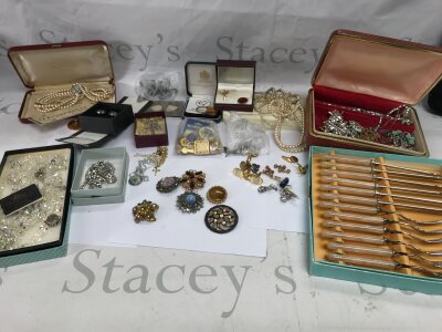 A Collection of assorted costume jewellery also badges and cutlery.