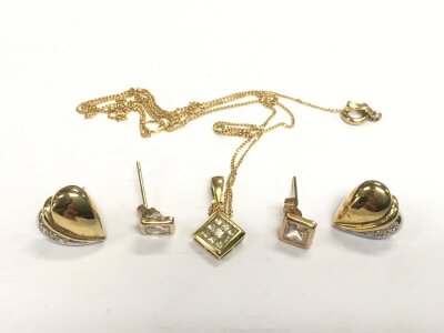 An 18ct gold pendant set with diamonds on an 18ct gold chain and two pairs of earrings, approx total weight 4.5g.