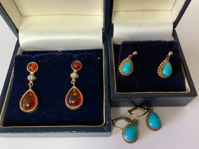 A pair of 9ct gold and diamond and amber set drop earrings plus 2 pairs of 9ct gold and turquoise set earrings.